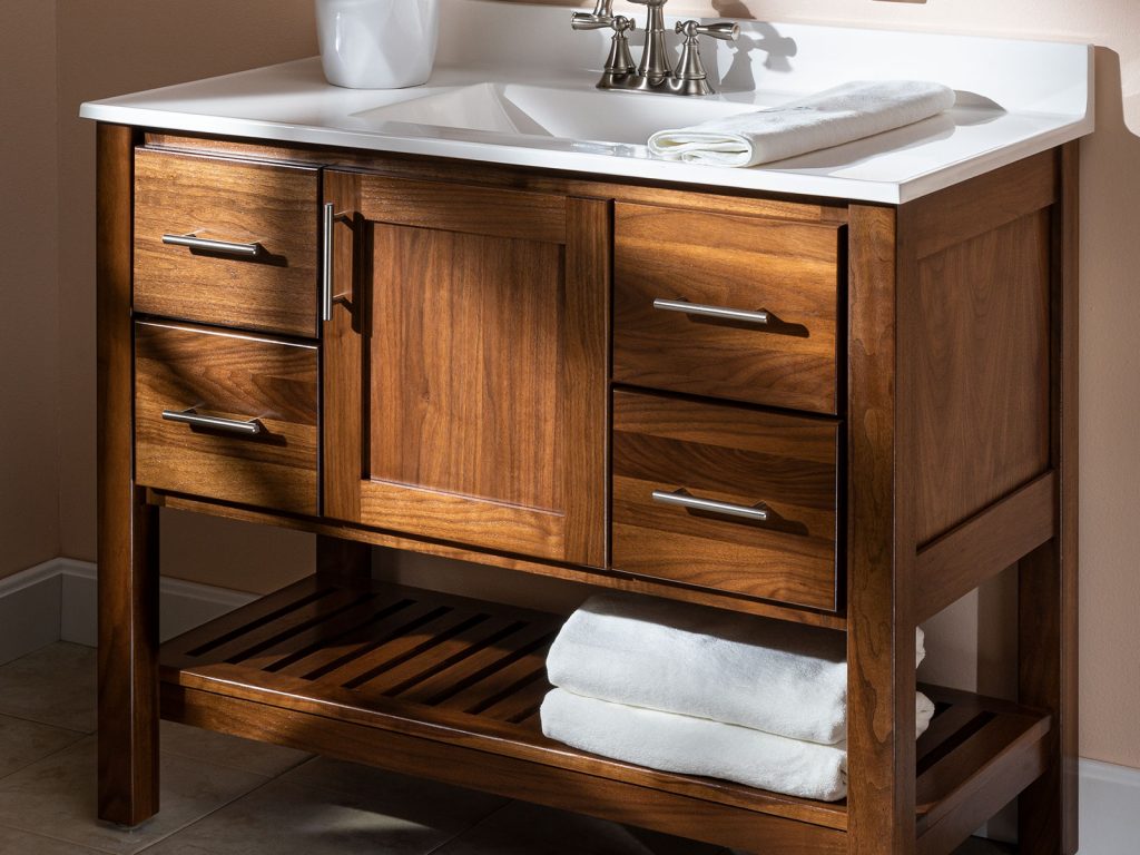 a wooden bathroom vanity